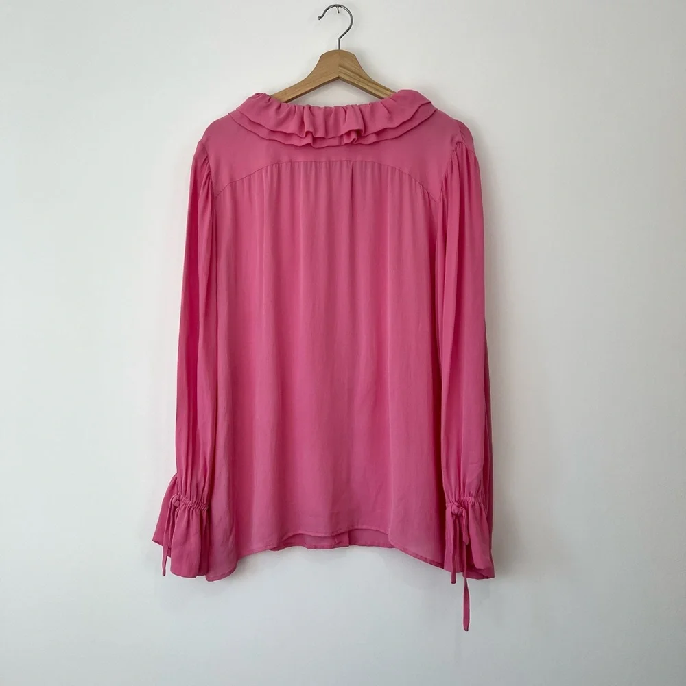 Etro Pink 100% Silk Ruffled Neckline Oversized Button Up Tie Blouse UK L - Picture 14 of 15